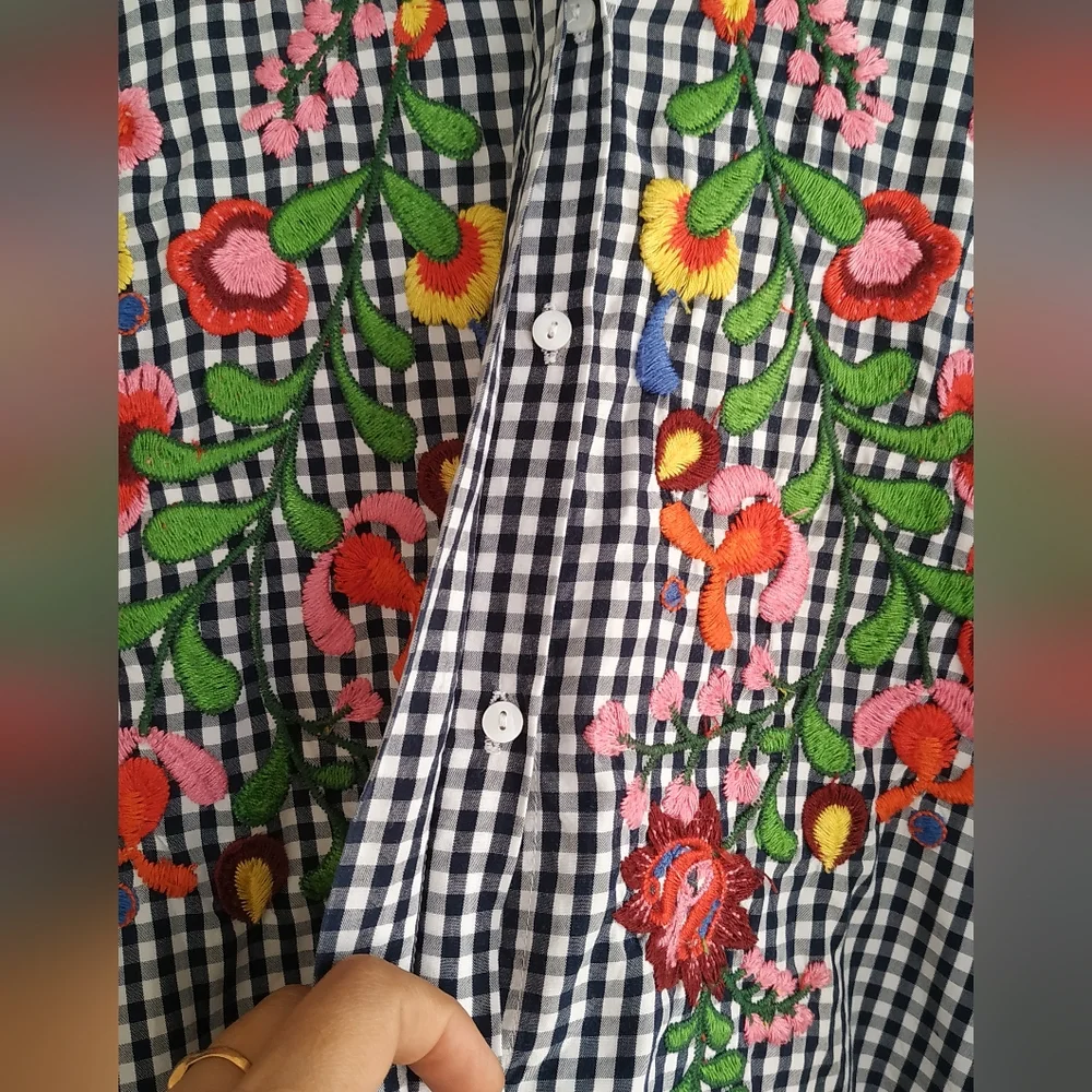 Zara Black & White Gingham Check Shirt With Embroidery - Picture 5 of 12